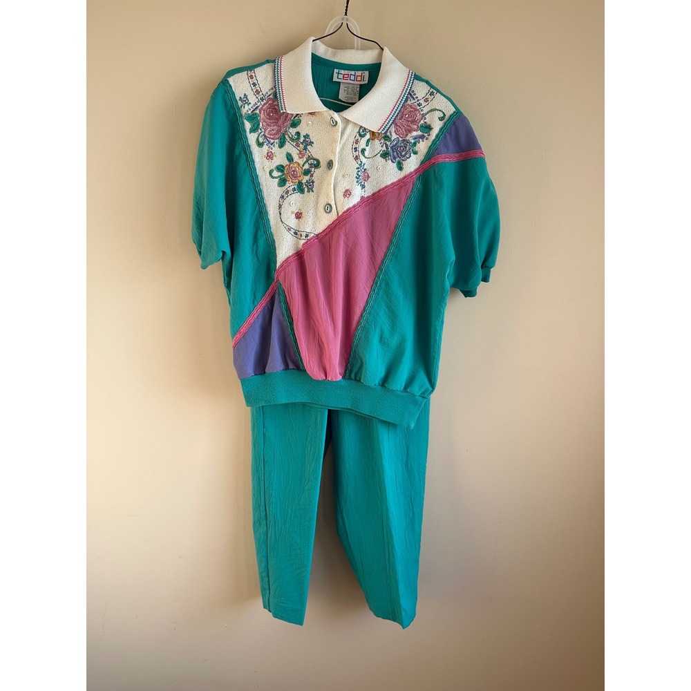 Vintage Teddi 2 Piece Set Teal Floral Shoulder Pad Top Pants Small 10 #0064